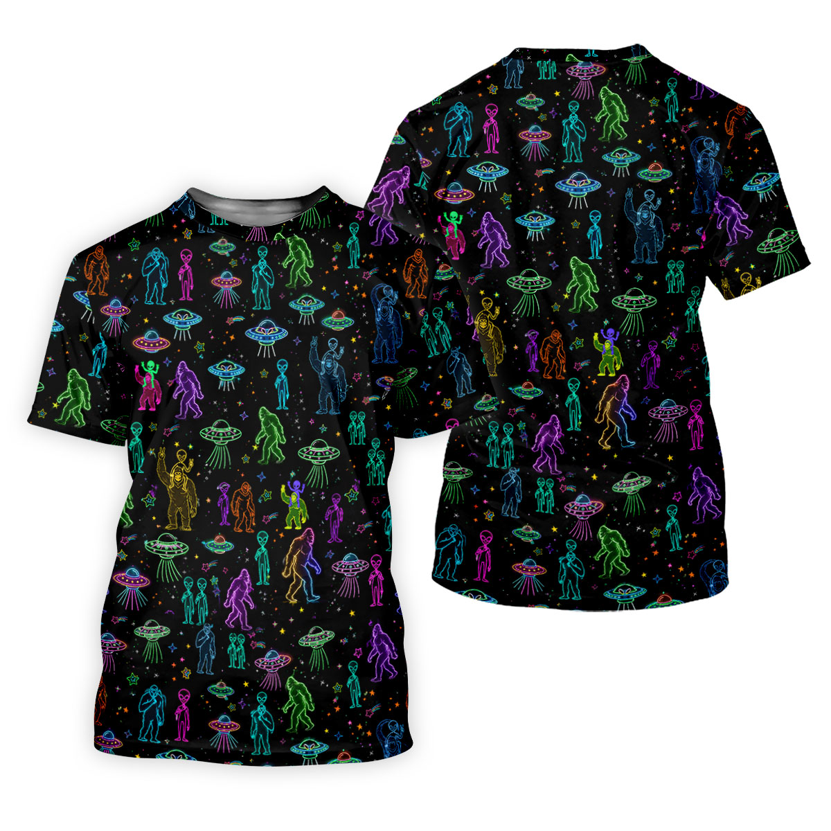 Neon Bigfoot Alien UFO Pattern Golf Polo Shirt, Men's Golf Shirt, Printed Golf Shirts