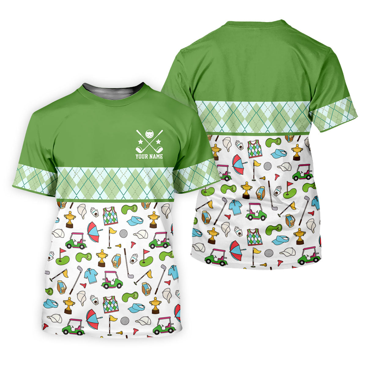 Custom Name Green Argyle Golf Icons Pattern Golf Shirt, Women’s Golf Polo, Golf Tops For Women, Printed Golf Shirt