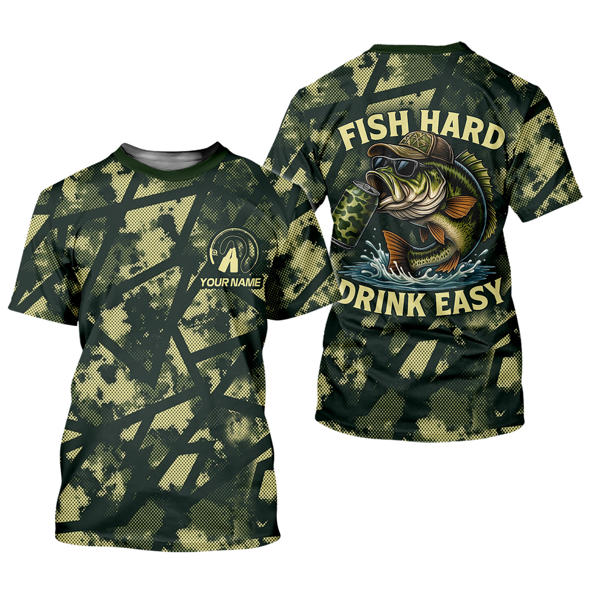 Fish Hard Drink Easy Green Camo Funny Fishing Shirt, SPF Shirt For Men, Largemouth Bass Fishing Shirts For Men