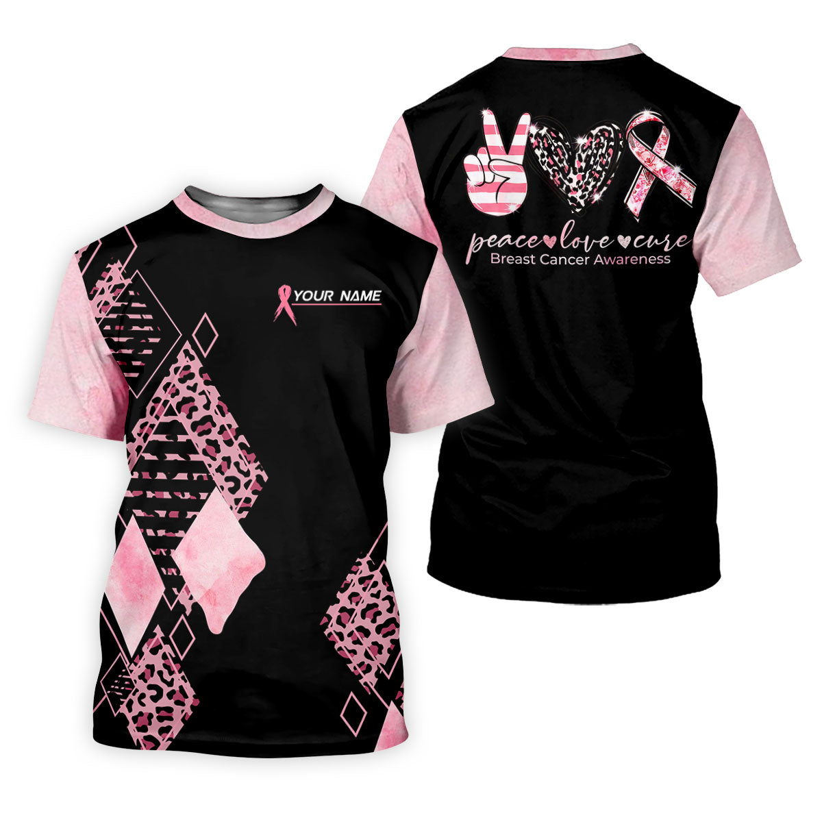 Peace Love Cure Women's Golf Shirt, Breast Cancer Awareness Shirt, Pink Leopard Golf Shirt, Golf Gift For Women