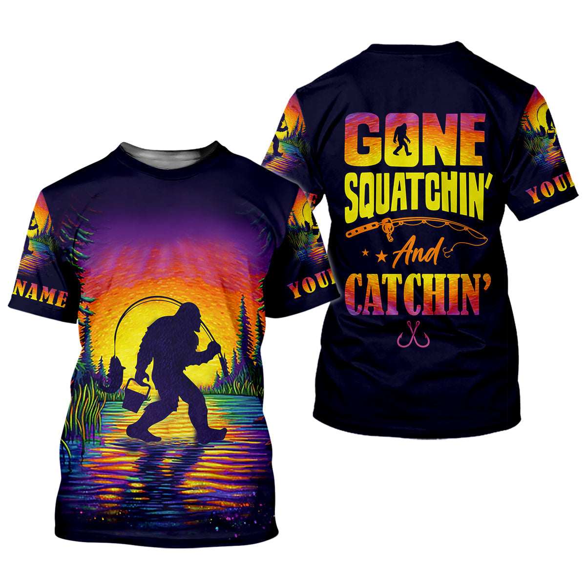 Gone Squatchin And Catching Sunset Fishing UPF Shirts, Funny Fishing Shirt, Sasquatch Fishing Shirt For Women
