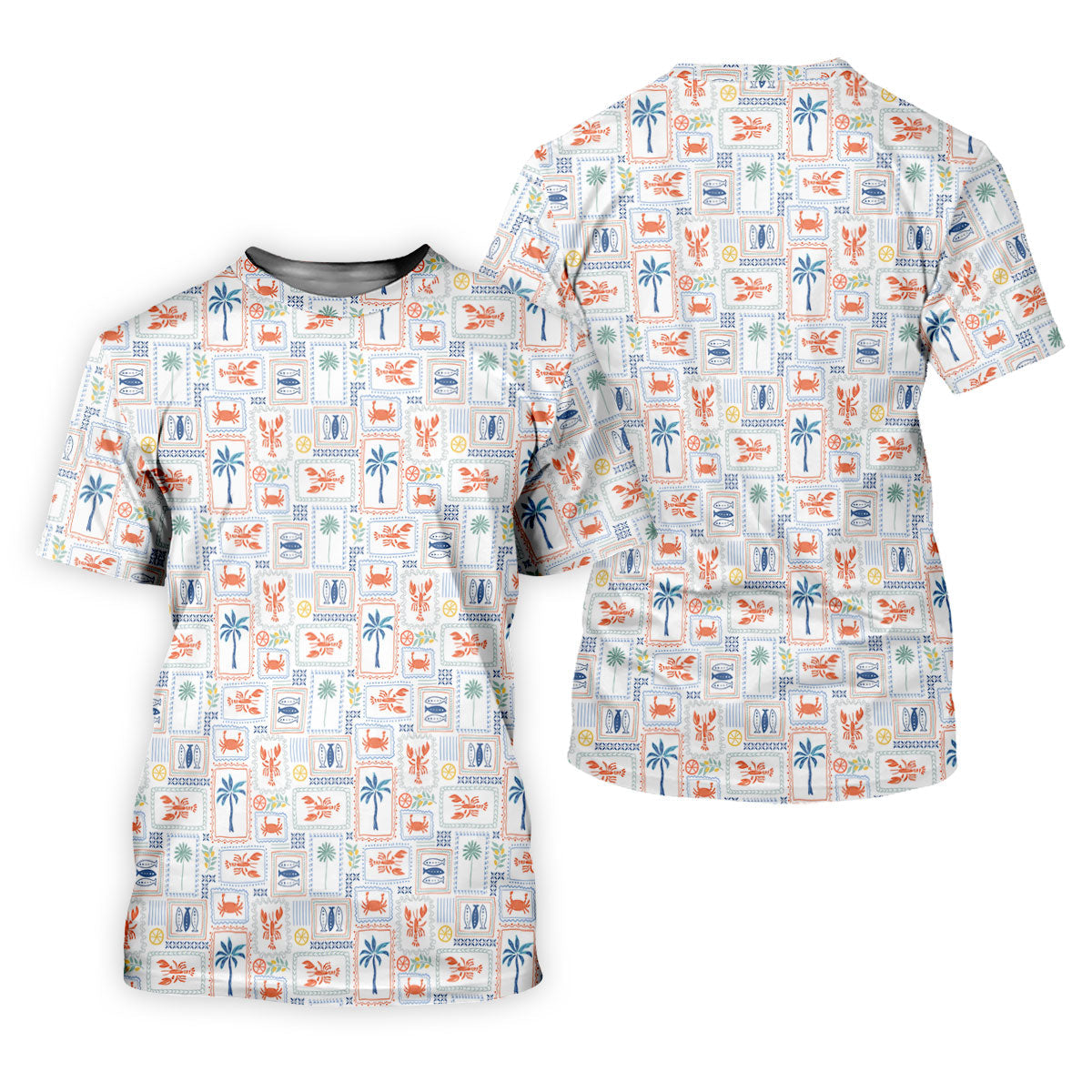 Seafood Patchwork Pattern Tropical Theme Fishing UPF Shirts, Fishing Shirts For Men