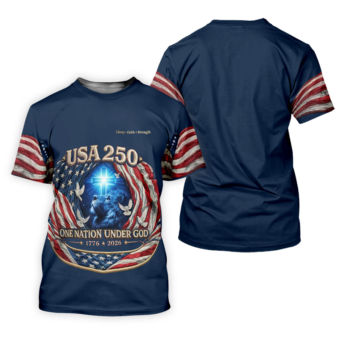 One Nation Under God Faith Cross USA 250 Navy Golf Shirt, 4th Of July Golf Shirts For Men