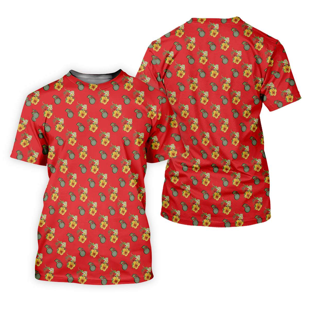 Hibiscus Flowers Green Grenades Seamless Pattern Red Golf Shirt, Women's Golf Tops, Ladies Golf Shirt