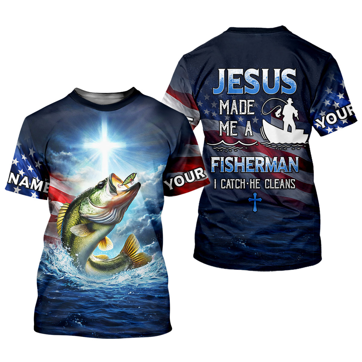 Jesus Made Me A Fisherman Shirt, Patriotic Christian Bass Fishing Shirt For Men, Fishing UPF Shirts