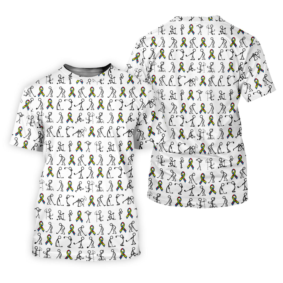 Stick Figure Golf Pose Autism Ribbon White Golf Shirt, Autism Awareness Colors Ladies Golf Polos