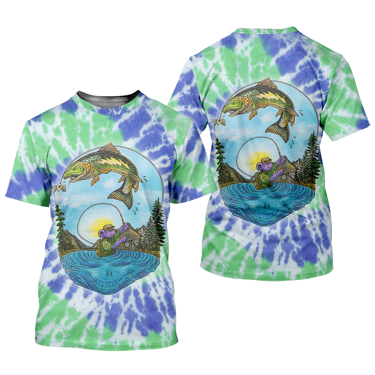 Bear Fishing Green And Purple Cool Tie Dye Patterns Fishing UPF Shirts, Fishing Gifts For Men, Men's Fishing Shirt