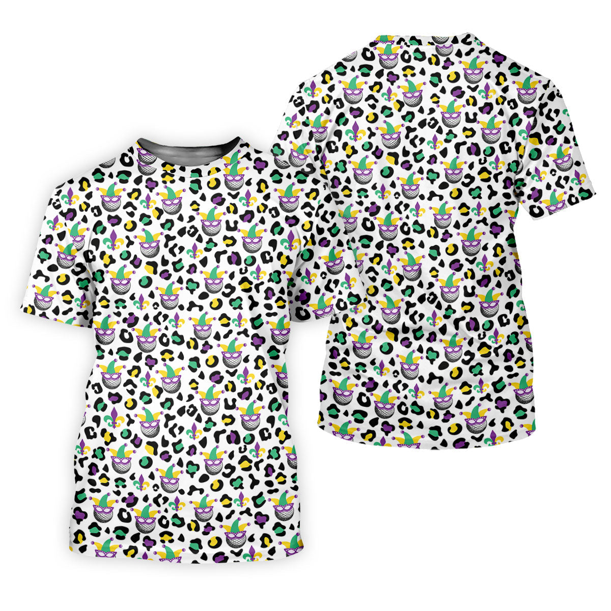 Mardi Gras Mask Leopard Spots Funny Golf Ball Women's Golf Tops, Fun Women's Golf Shirts, Ladies Golf Polos