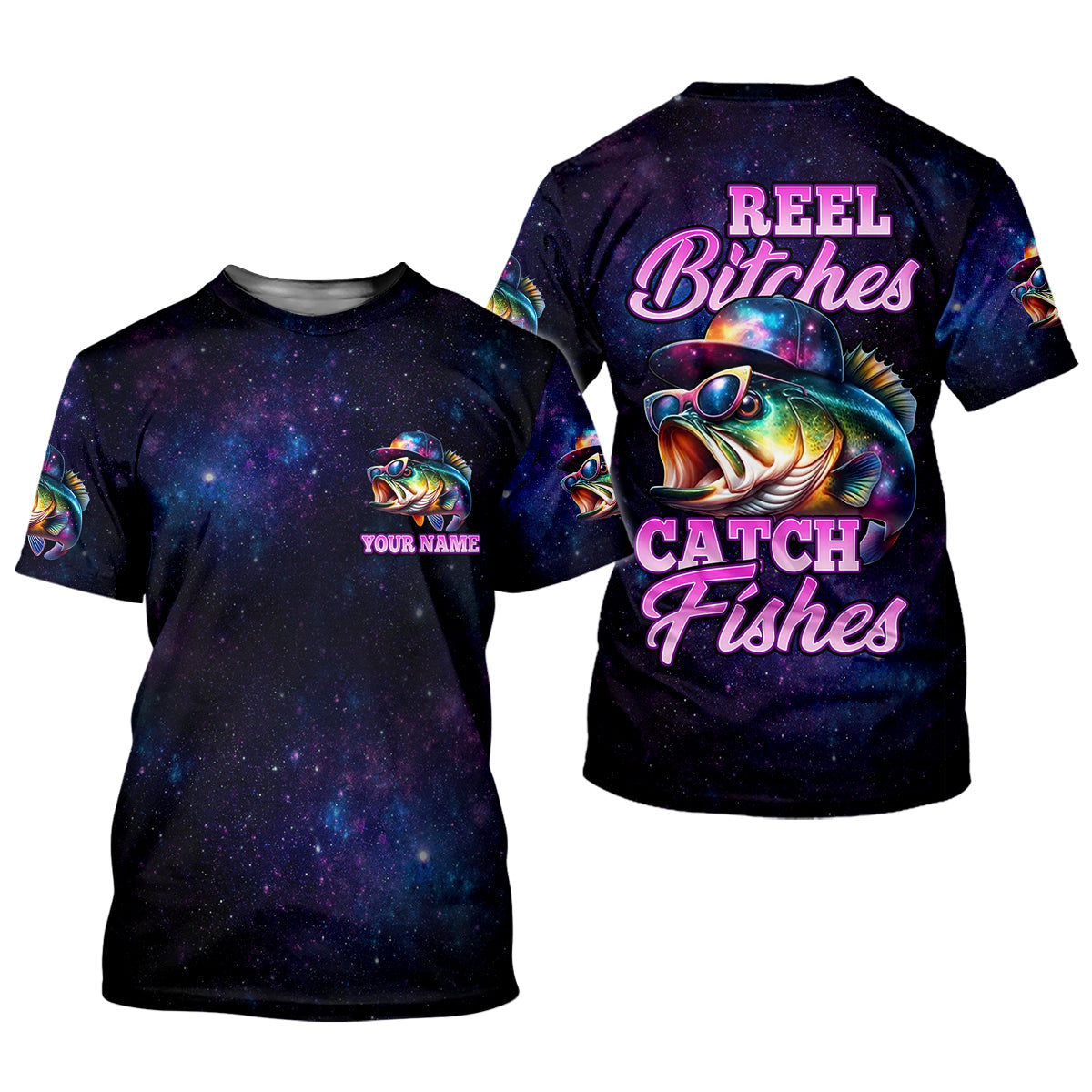 Reel Bitches Catch Fishes Galaxy Pattern Fisherwomen SPF Shirt, Funny Fishing Shirt, Fishing Shirt For Women