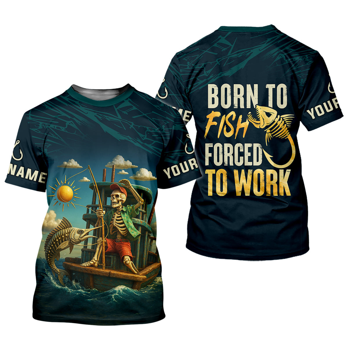 Born To Fish Forced To Work Funny Skeleton Fishing UPF Shirts, Presents For Fishermen, Men's Fishing Shirt