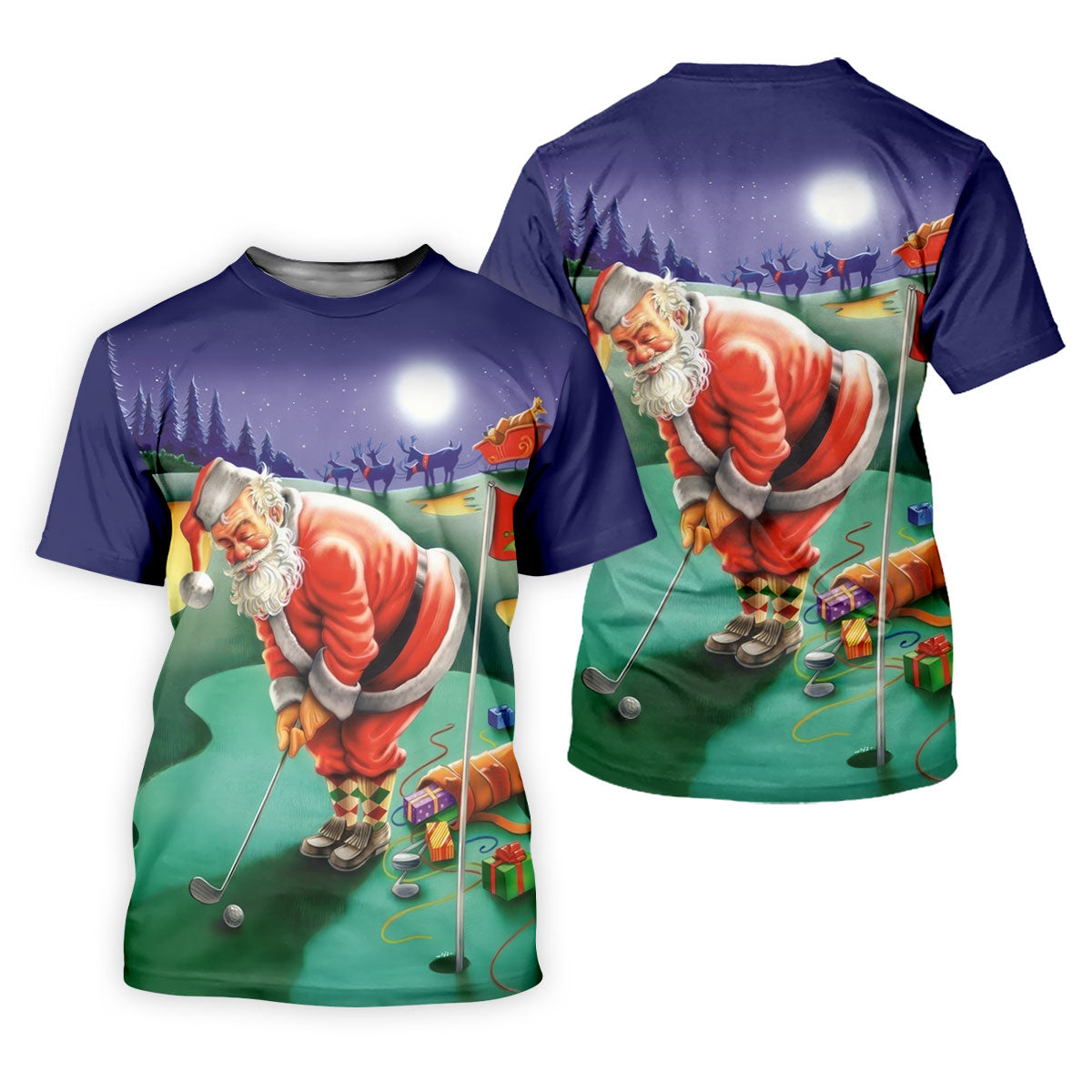 Men's Santa Night Golf Scene Golf Shirt, Christmas Golf Shirt, Golf Apparel For Men