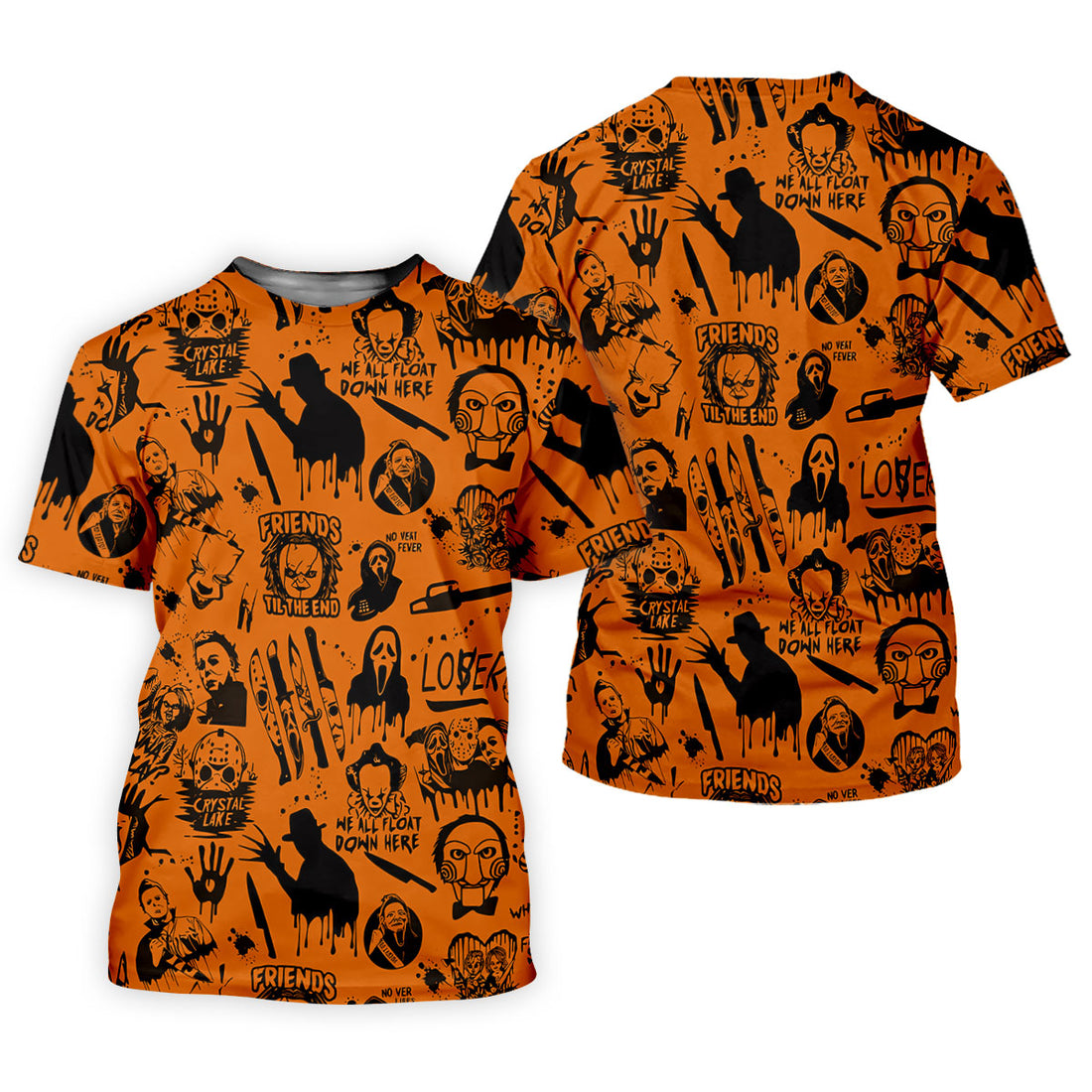 Orange Horror Character Icons Pattern Golf Polo Shirt for Halloween, Mens Golf Polo, Printed Golf Shirts