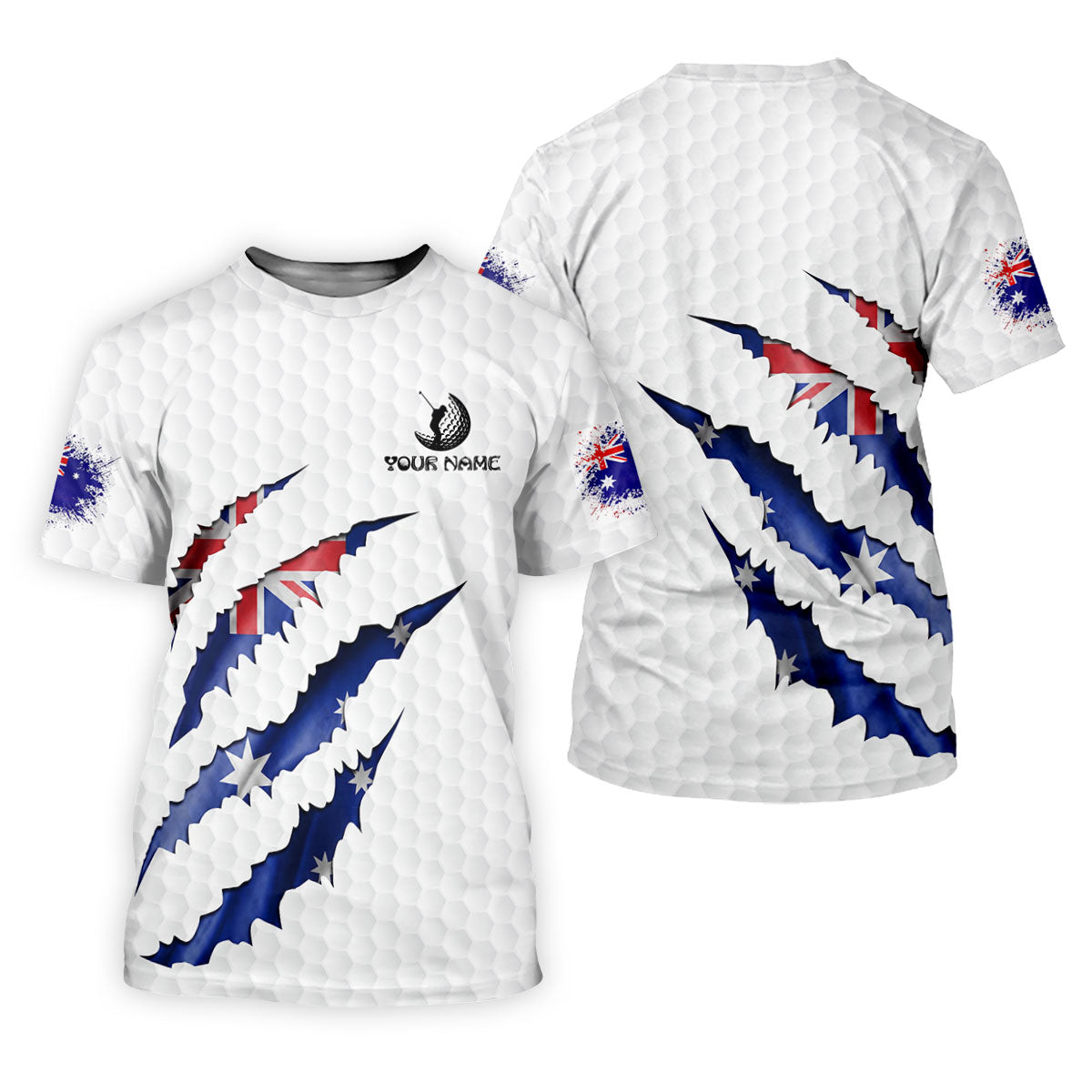 Golf Ball Pattern Australia Flag Print Scratch Effect Ladies Golf Tops, Golf Shirt For Women