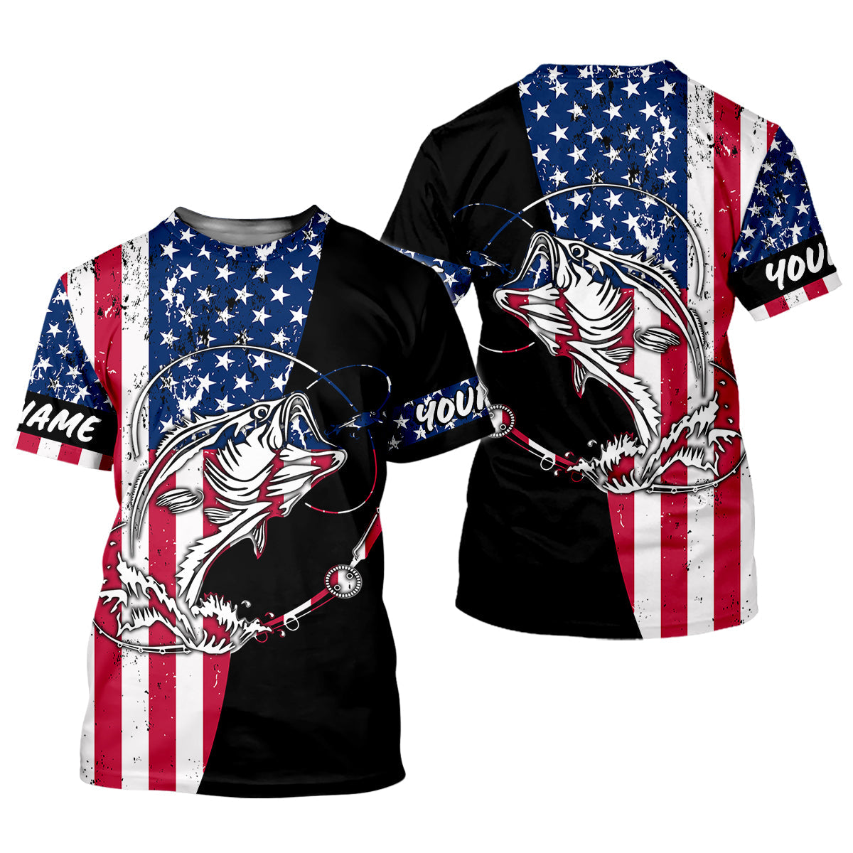 American Flag Fishing Shirt, Personalized Bass Fishing UPF Long Sleeve Shirt for Men