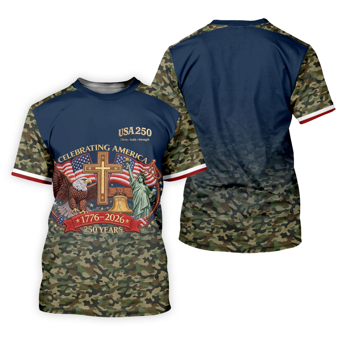 Liberty Faith Strength Faith Cross USA 250 Navy Camo Golf Shirt, 4th Of July Golf Shirts For Men