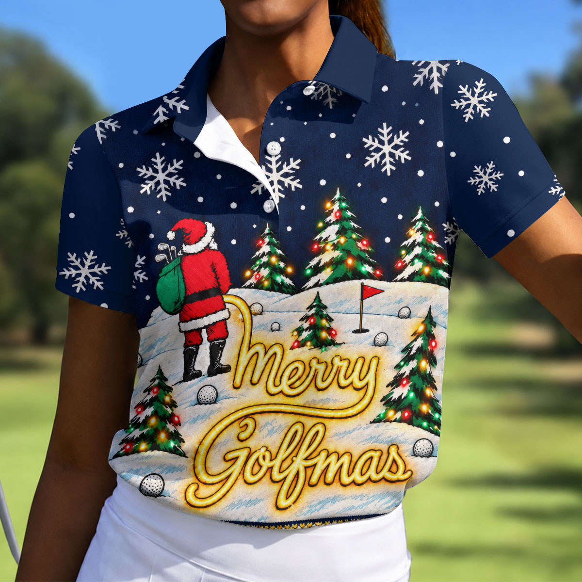 Navy Merry Golfmas Christmas Golf Polo, Golf Polo For Women, Golf Tops For Women