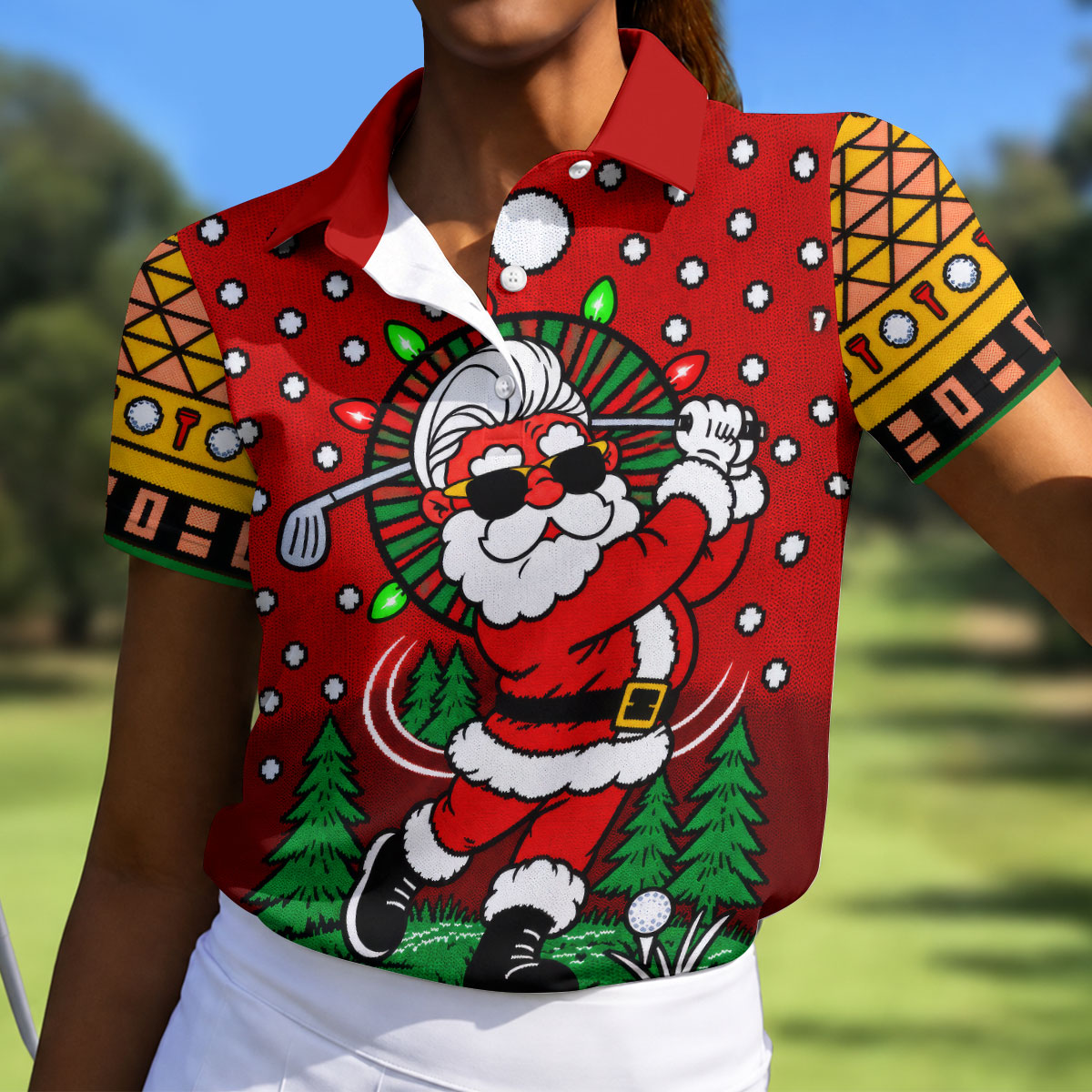 Red Cartoon Santa Christmas Golf Polo, Golf Shirts For Women, Golf Polo For Women