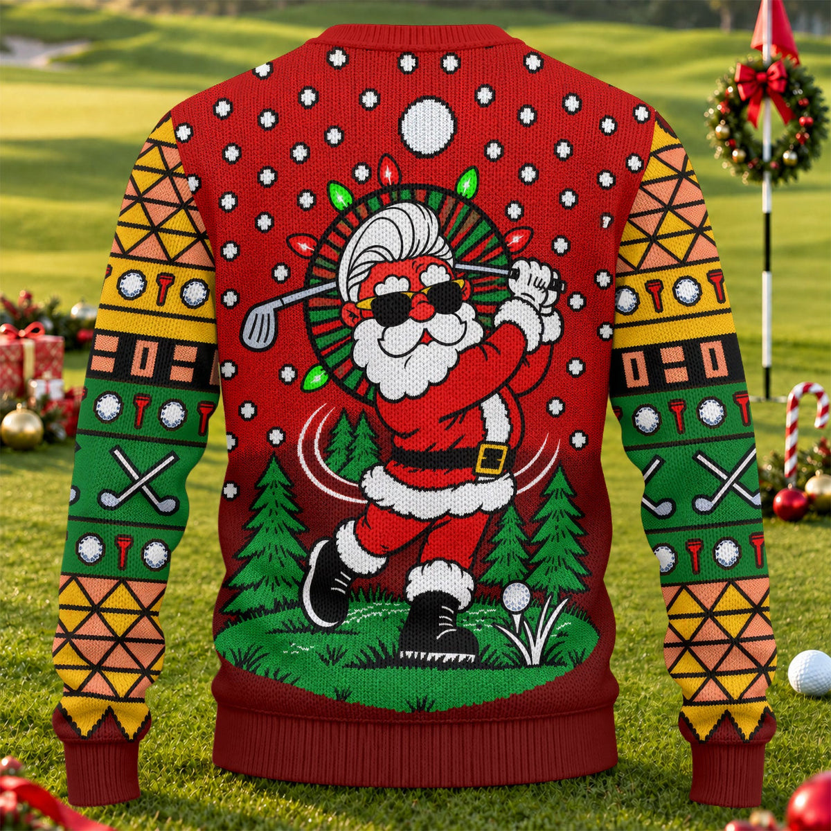 Cartoon Santa Golf Ugly Christmas Sweater, Holiday Party Sweater, Christmas Golf Gift