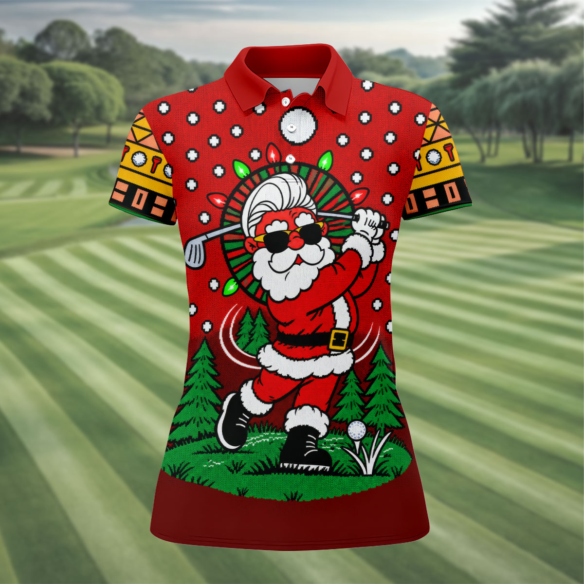 Red Cartoon Santa Christmas Golf Polo, Golf Shirts For Women, Golf Polo For Women