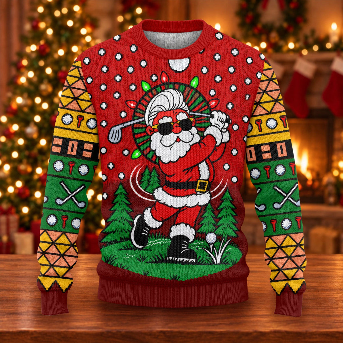 Cartoon Santa Golf Ugly Christmas Sweater, Holiday Party Sweater, Christmas Golf Gift