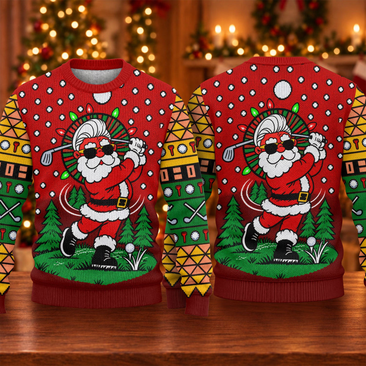 Cartoon Santa Golf Ugly Christmas Sweater, Holiday Party Sweater, Christmas Golf Gift