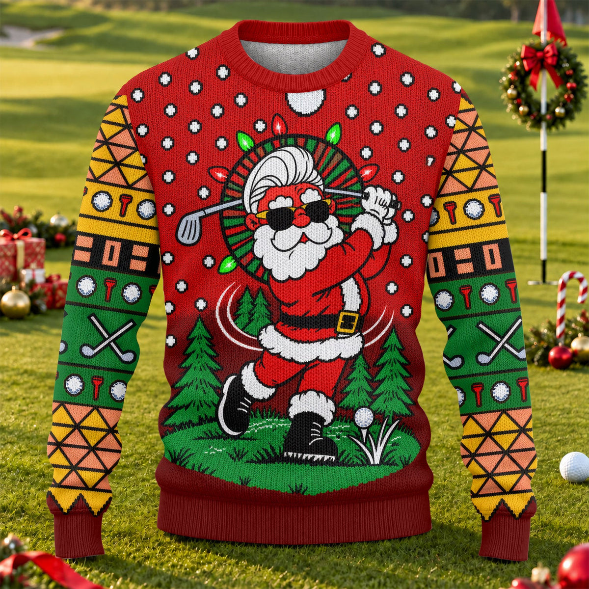 Cartoon Santa Golf Ugly Christmas Sweater, Holiday Party Sweater, Christmas Golf Gift