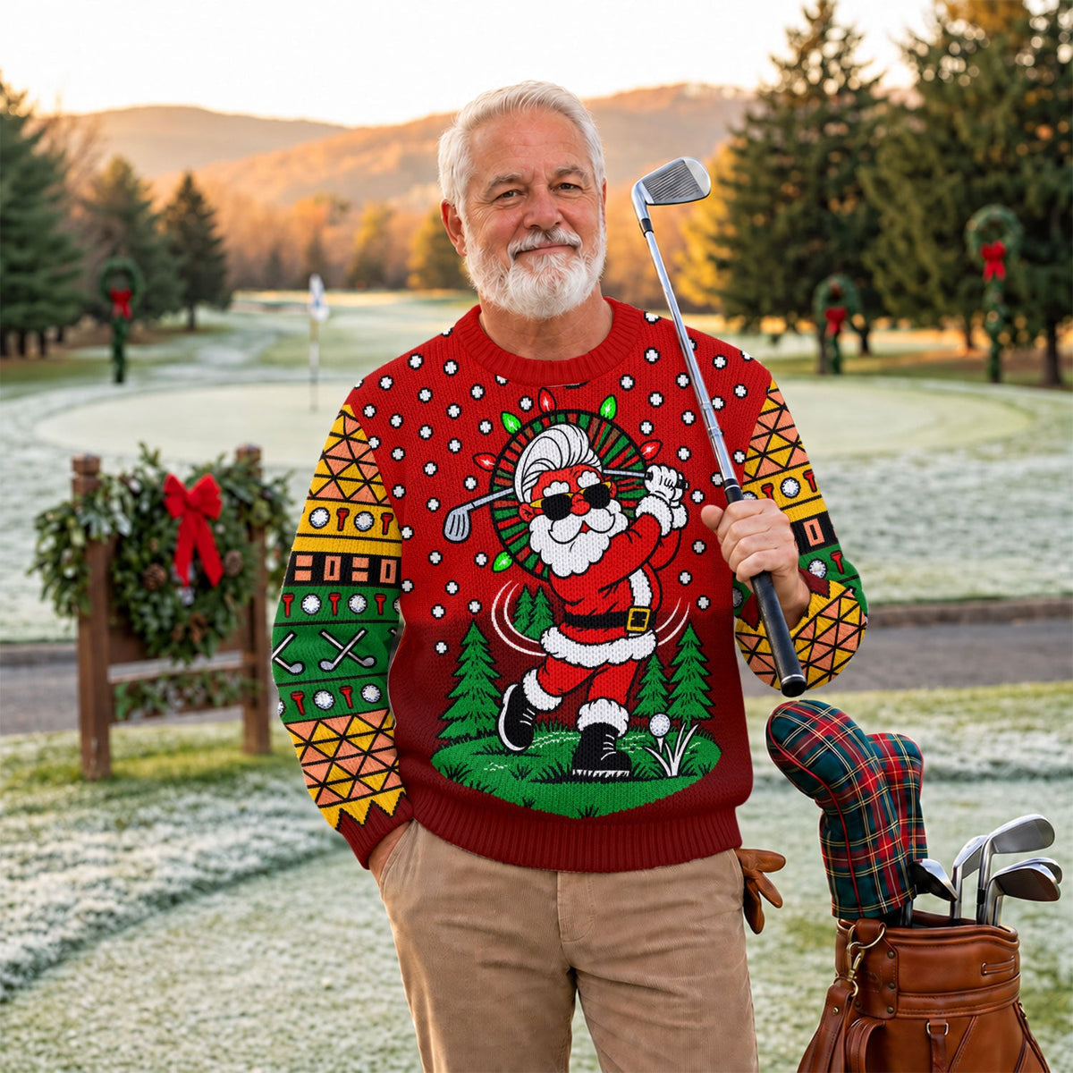Cartoon Santa Golf Ugly Christmas Sweater, Holiday Party Sweater, Christmas Golf Gift