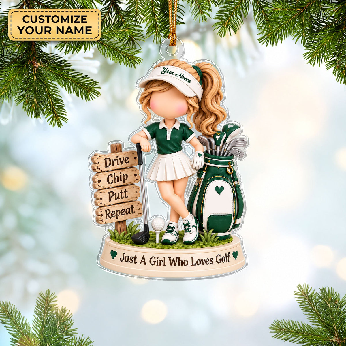 Custom Name Green Golf Girl Acrylic Ornament, Christmas Tree Decor, Golf Lover Gifts