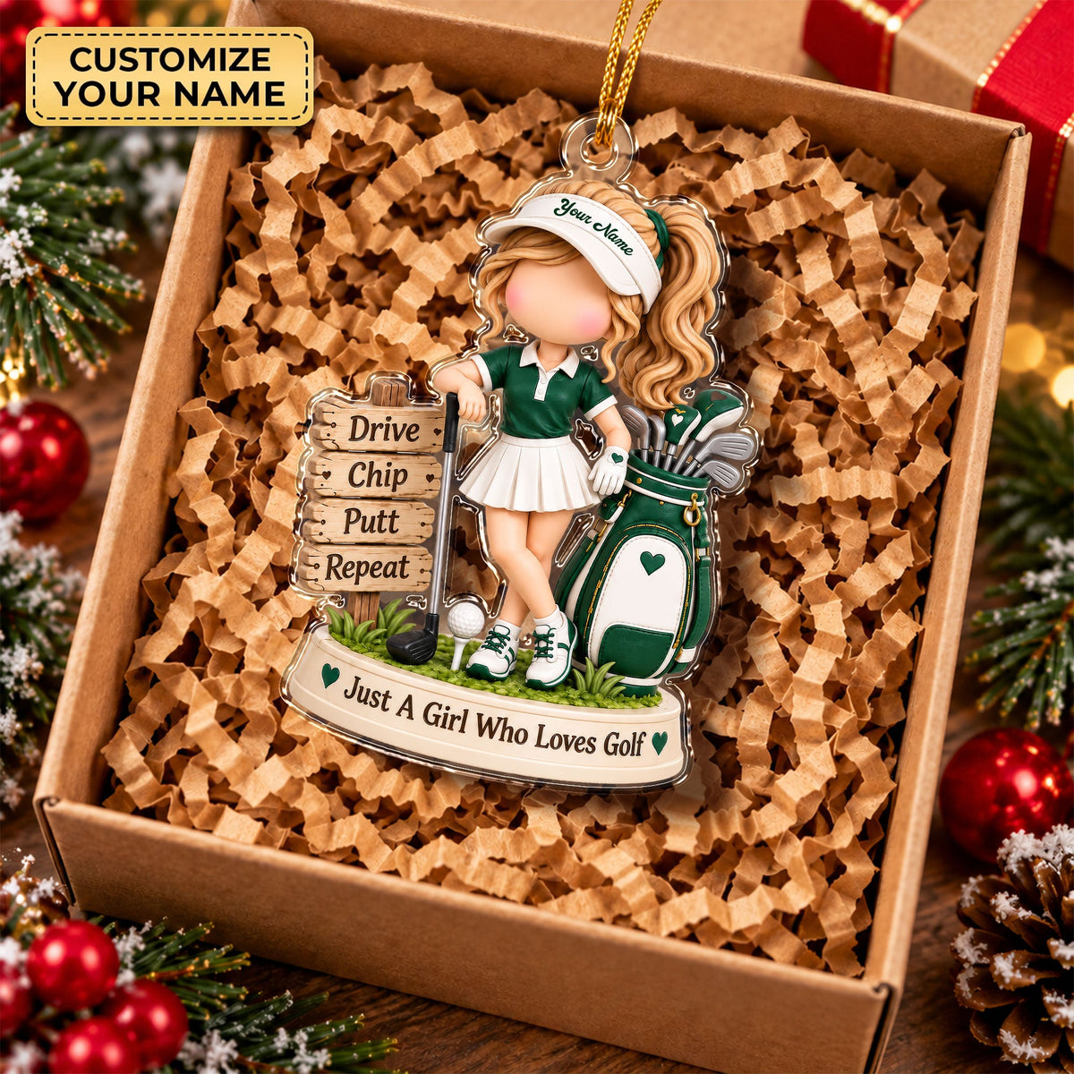 Custom Name Green Golf Girl Acrylic Ornament, Christmas Tree Decor, Golf Lover Gifts