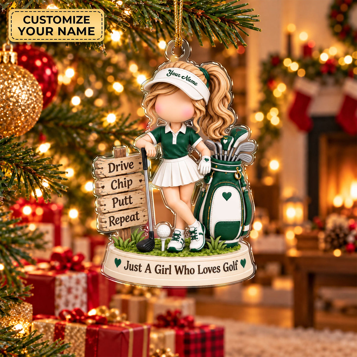 Custom Name Green Golf Girl Acrylic Ornament, Christmas Tree Decor, Golf Lover Gifts