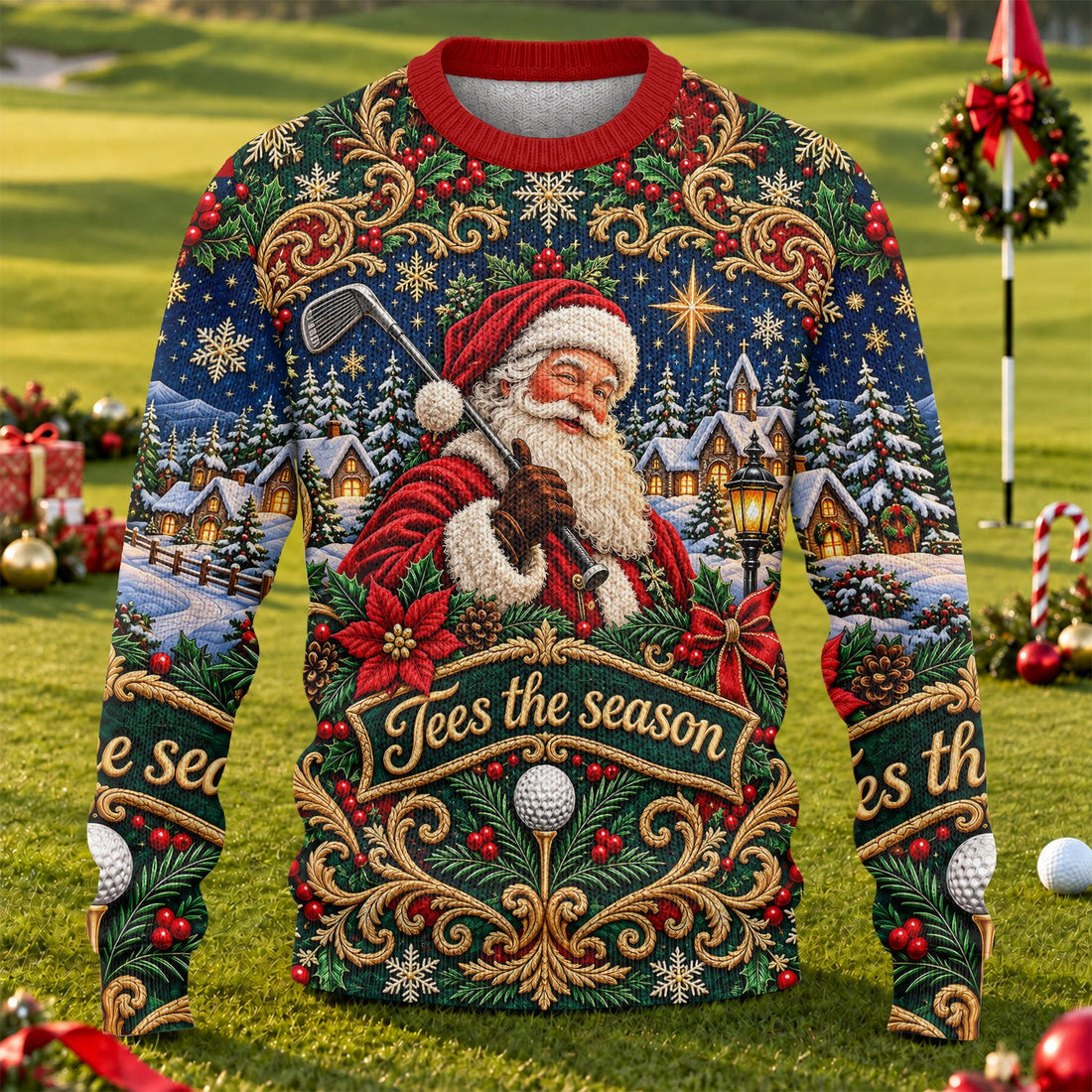 Tees The Season Santa Ugly Christmas Sweater, Ugly Sweater Party, Christmas Golf Gift
