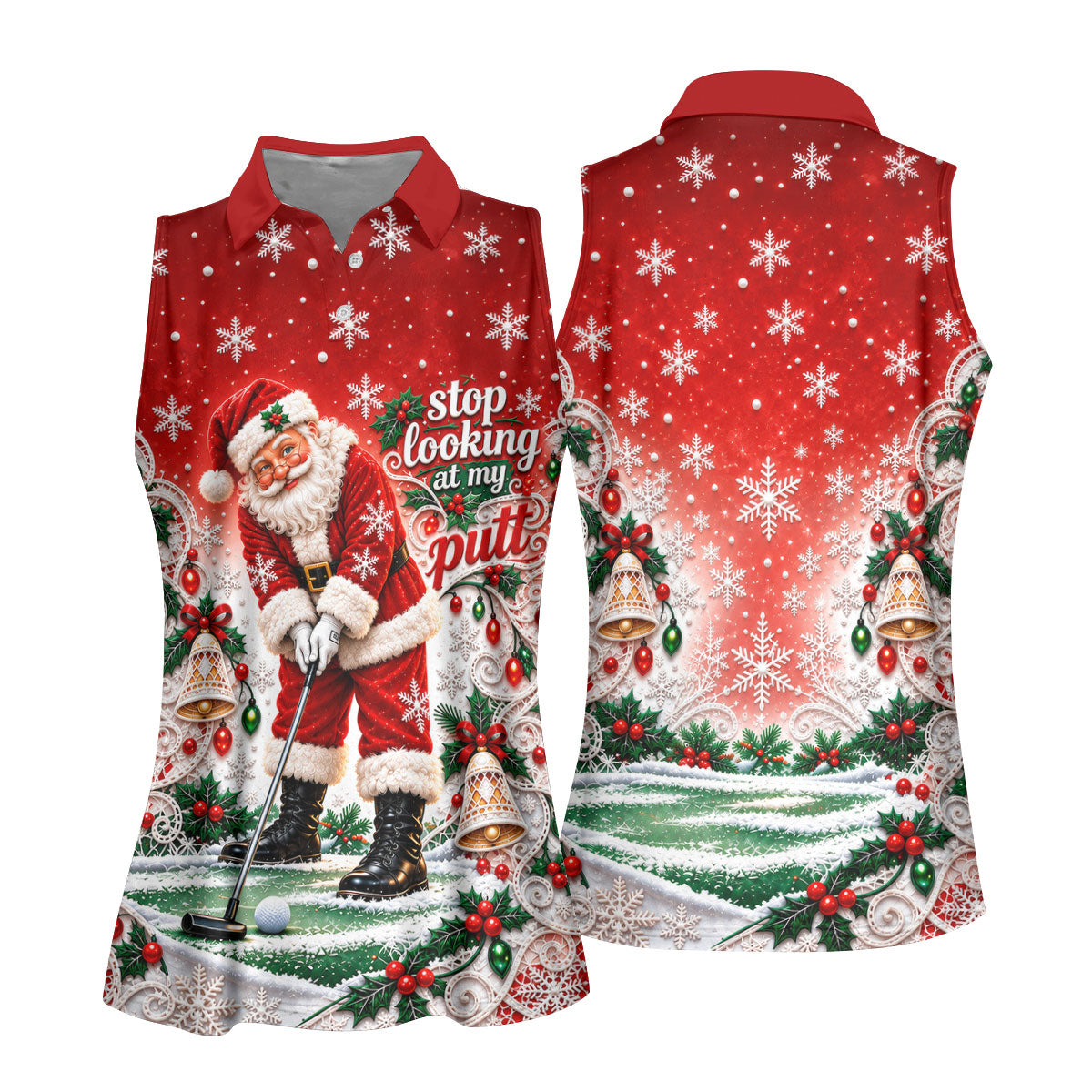 Red Snowflake Santa Putt Christmas Golf Polo, Womens Golf Tops, Ladies Golf Tops