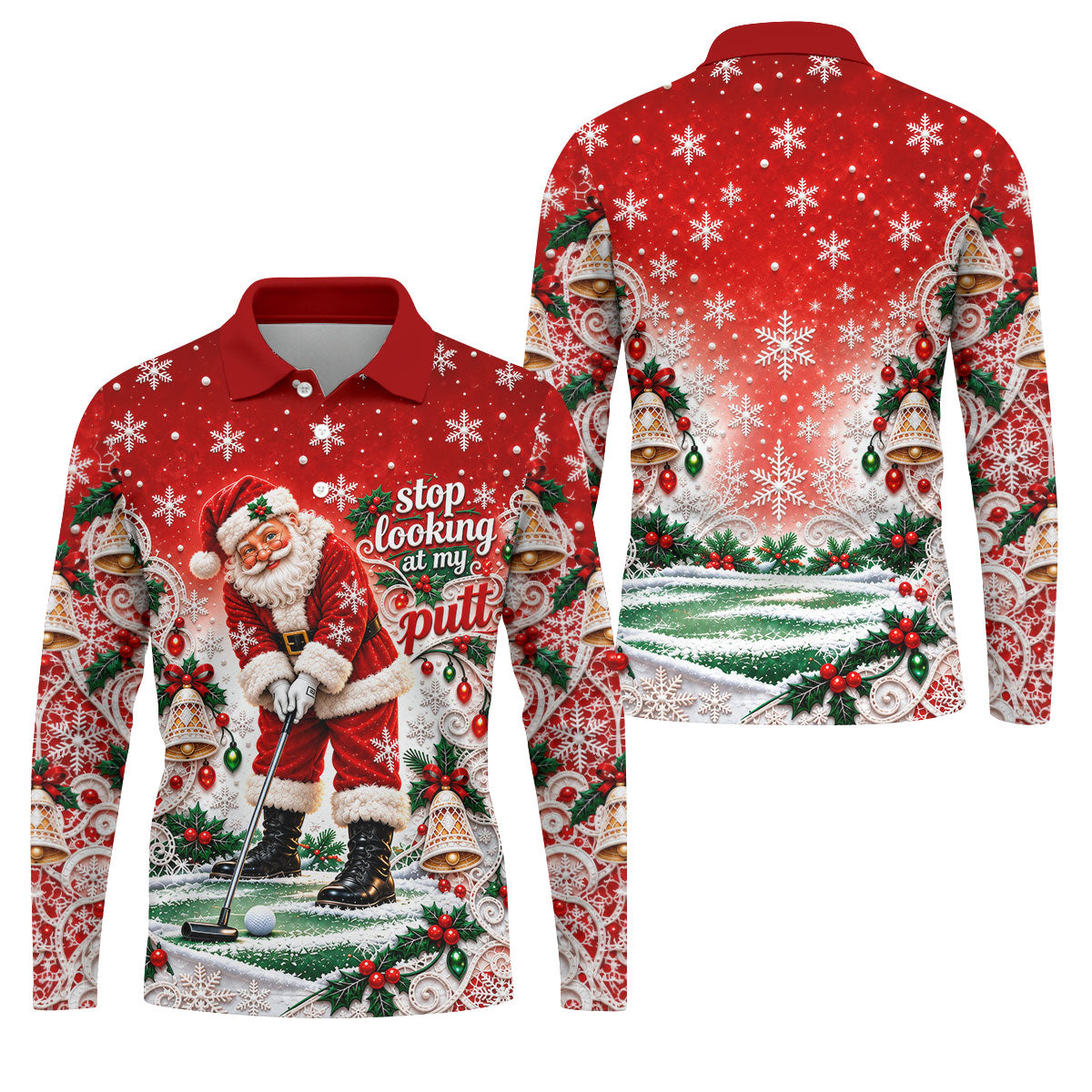 Red Snowflake Santa Putt Christmas Golf Polo, Mens Polo Shirts, Golf Shirts For Men