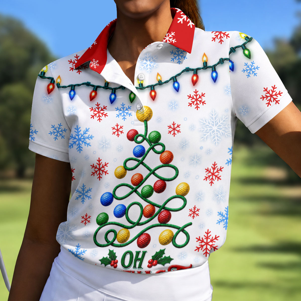 Golf Ball Tree Christmas Golf Shirt, Ladies Golf Top, Women's Sleeveless Golf Shirt