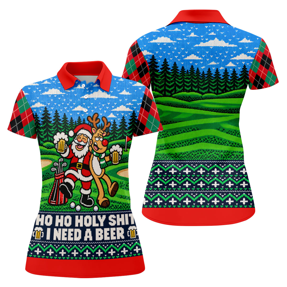 Santa Reindeer Beer Christmas Golf Shirt, Ladies Golf Shirts, Womens Golf Apparel