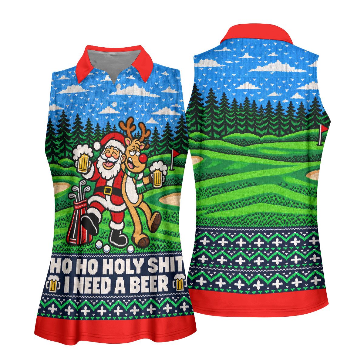 Santa Reindeer Beer Christmas Golf Shirt, Ladies Golf Shirts, Womens Golf Apparel
