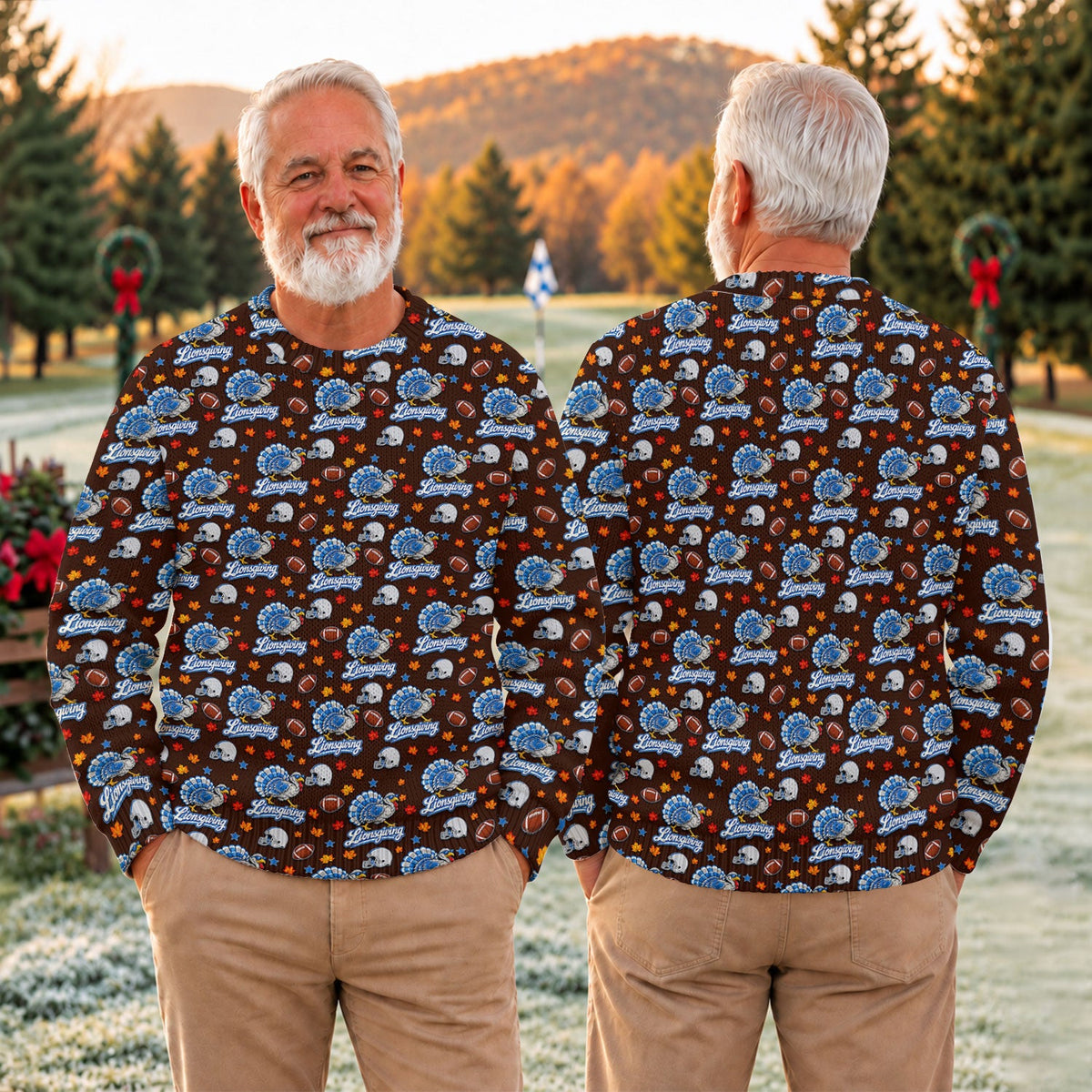 Ugly Christmas Sweater Lionsgiving Shirt, Thanksgiving Brown Football, Turkey Day
