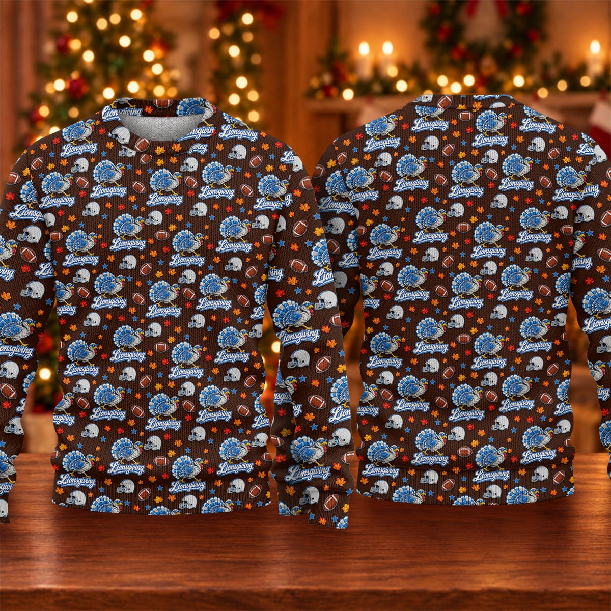 Ugly Christmas Sweater Lionsgiving Shirt, Thanksgiving Brown Football, Turkey Day