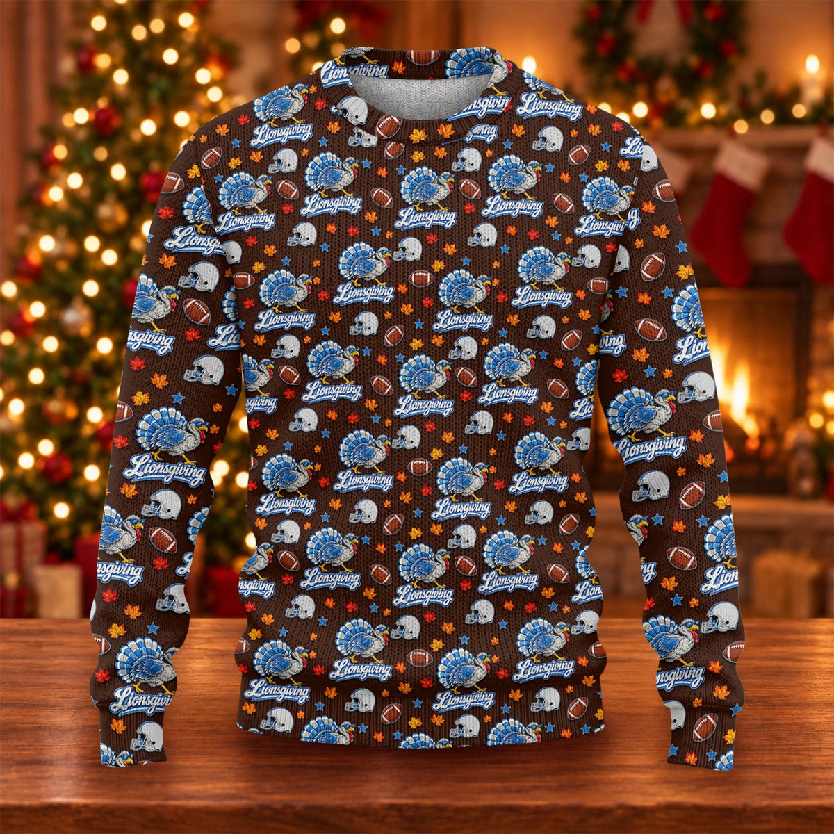 Ugly Christmas Sweater Lionsgiving Shirt, Thanksgiving Brown Football, Turkey Day