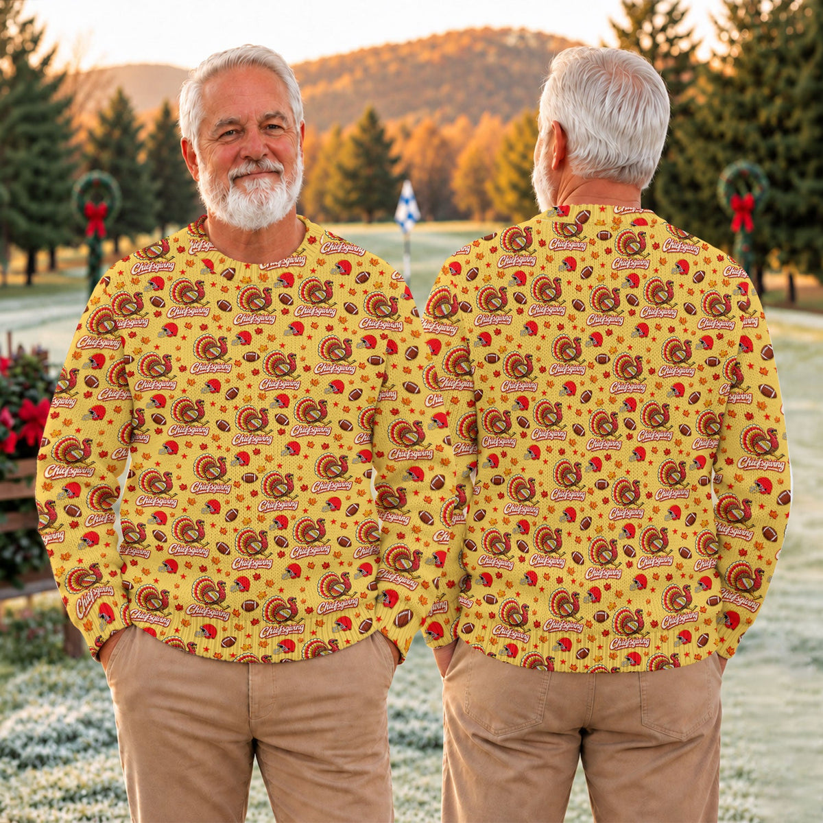 Ugly Christmas Sweater Chiefsgiving Shirt, Thanksgiving Yellow Football, Holiday Gift