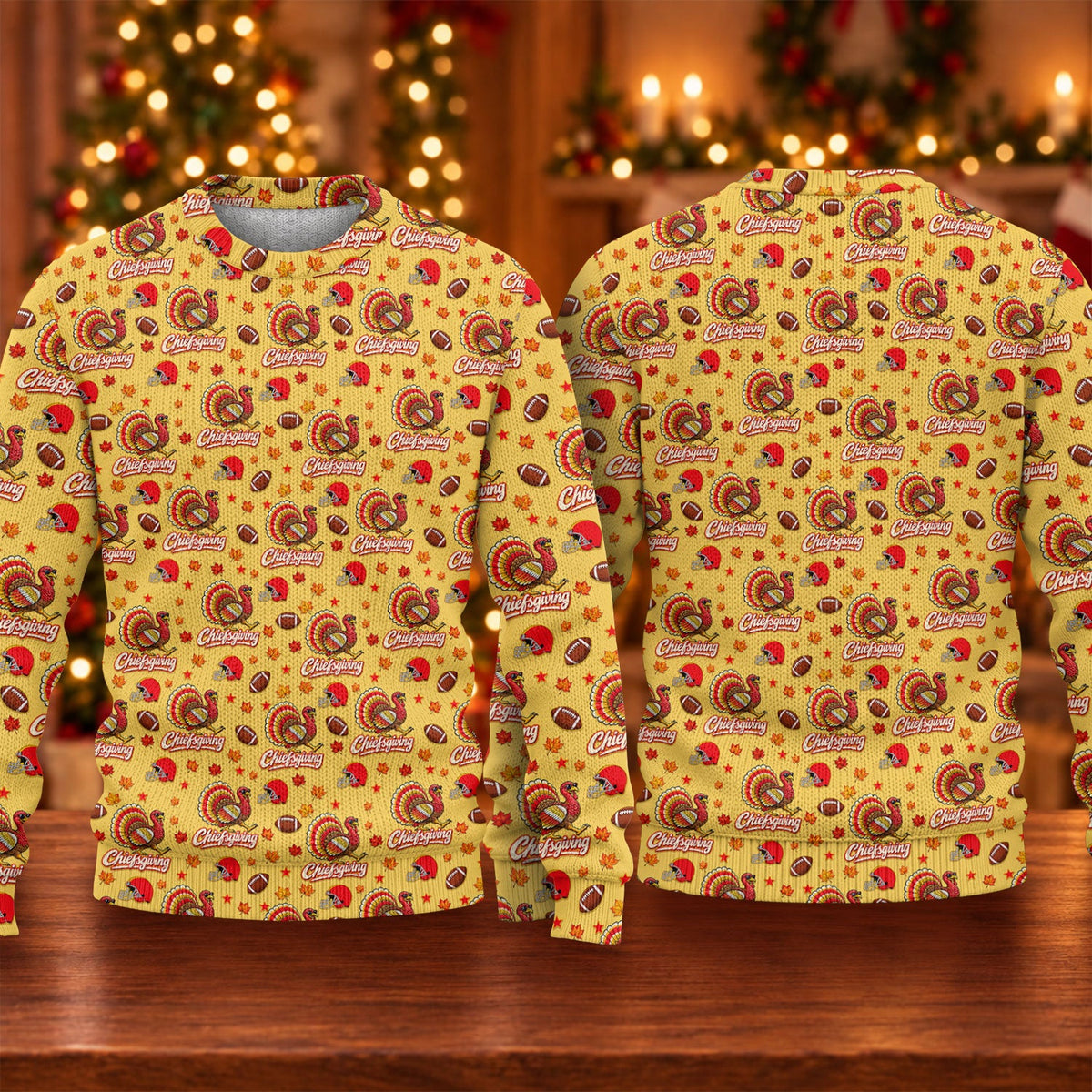 Ugly Christmas Sweater Chiefsgiving Shirt, Thanksgiving Yellow Football, Holiday Gift