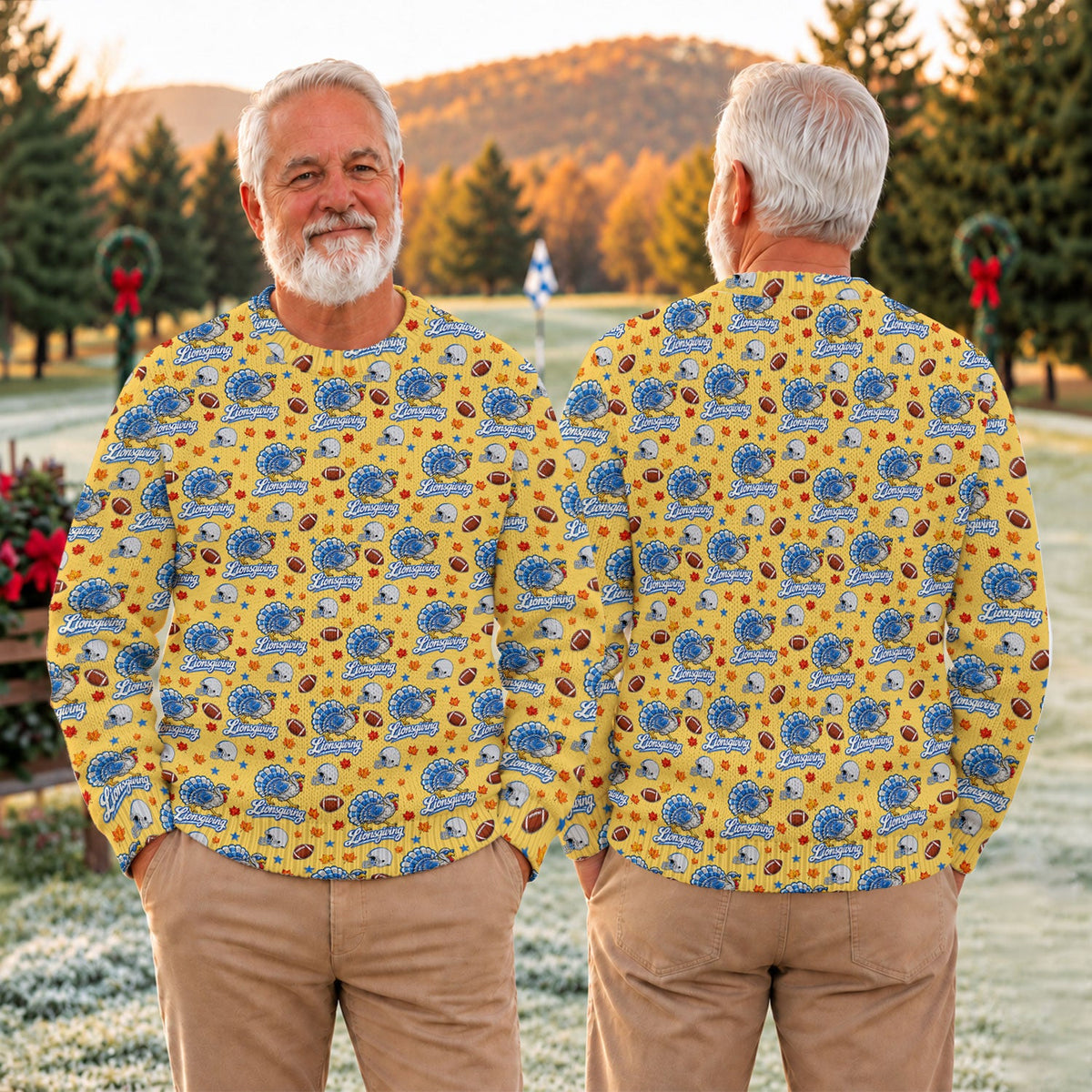 Ugly Christmas Sweater Lionsgiving Shirt, Thanksgiving Yellow Football, Gobble Gobble