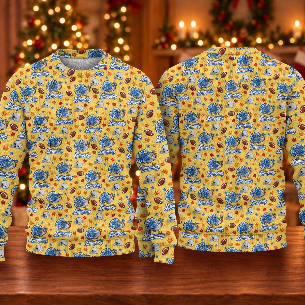 Ugly Christmas Sweater Lionsgiving Shirt, Thanksgiving Yellow Football, Gobble Gobble