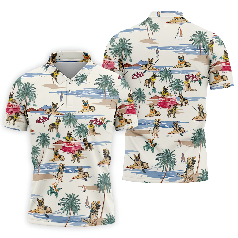 German Shepherd Beach Vacation Golf Polo Shirt, Mens Golf Polo, Golf Apparel For Men