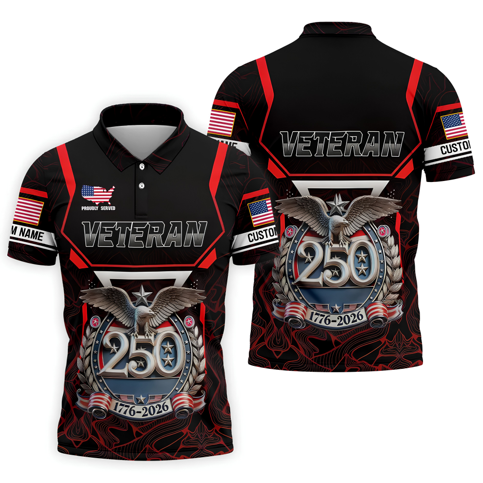 Personalized Veteran America 250 Polo Shirt Red Accent, Printed Golf Shirts, Golf Shirts For Men