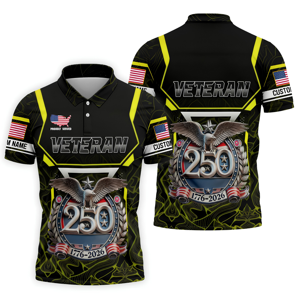 Personalized Veteran America 250 Polo Shirt Yellow Accent, Golf Shirts For Men, Mens Golf Apparel