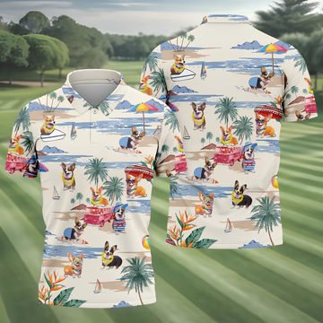 Cute Corgi Beach Vacation Golf Polo Shirt, Golf Polo Shirts For Men, Mens Golf Apparel
