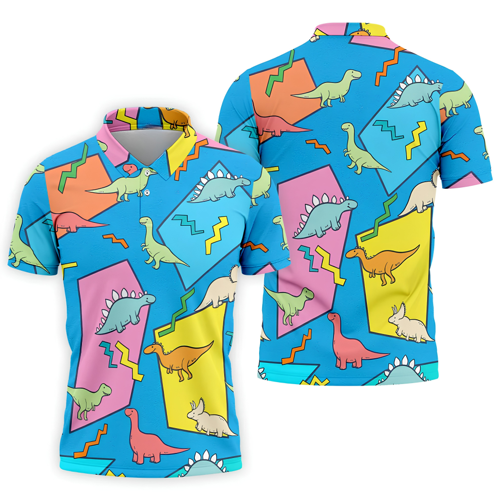 Retro Colorful Dinosaur Pattern Golf Shirt, Men's Golf Shirt, Golf Apparel For Men