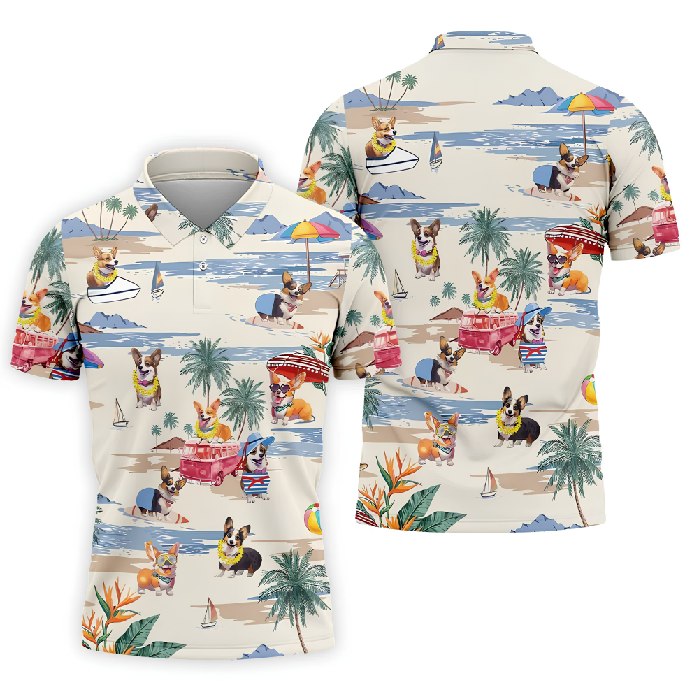 Cute Corgi Beach Vacation Golf Polo Shirt, Golf Polo Shirts For Men, Mens Golf Apparel