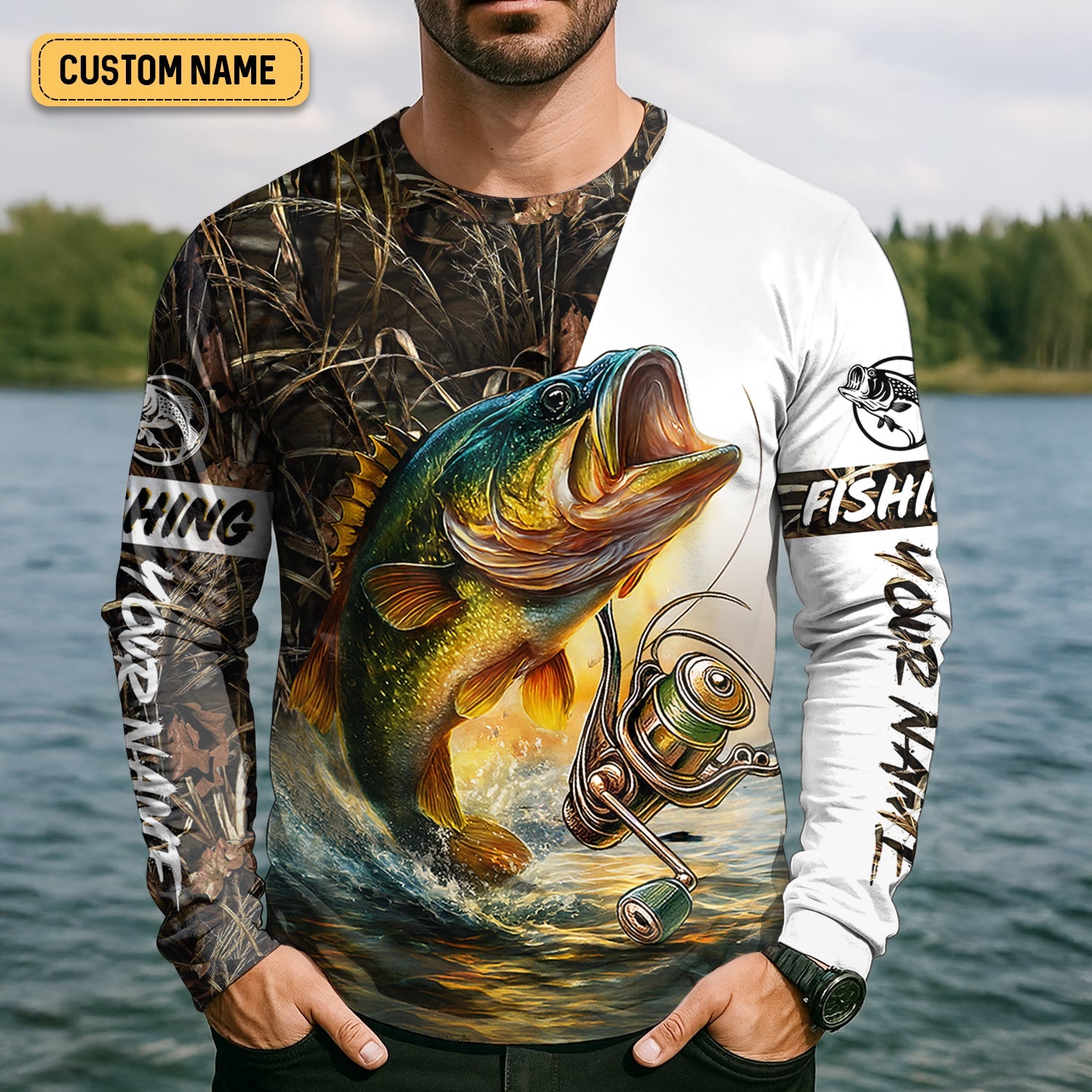 Camo Fishing Shirt, Fish Button Up Shirt, Fisherman Gift, UV Protection Clothing, Bass Fishing